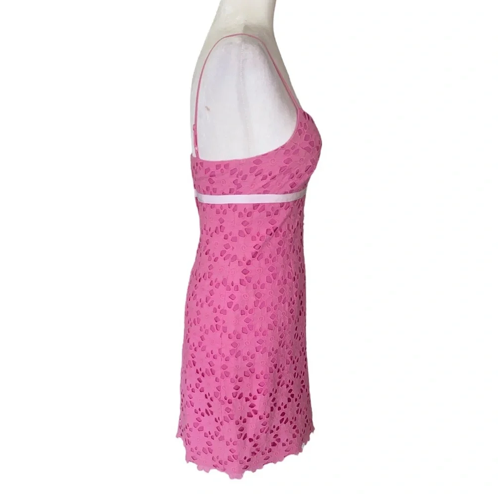 HTF Lilly Pulitzer Pink Floral Eyelet Lace White Ribbon Sheath Mini Dress - 0 - Picture 5 of 9
